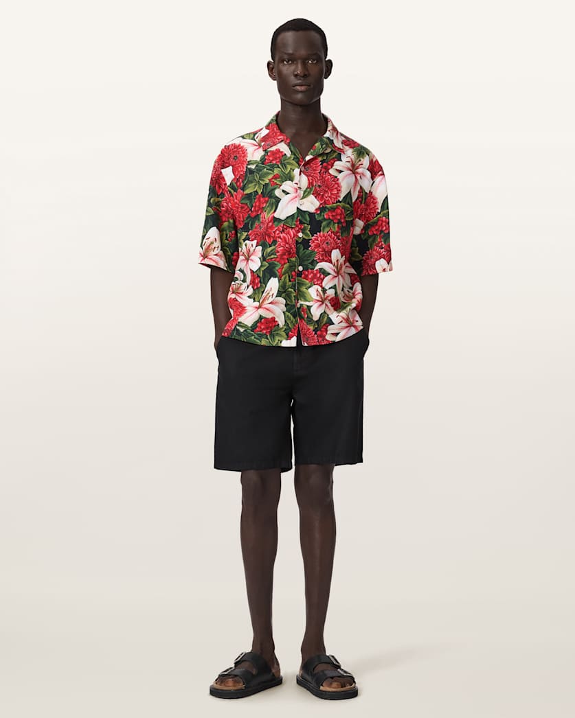 AllSaints Hokkaido Short Sleeve Linen Blend Shirt Red