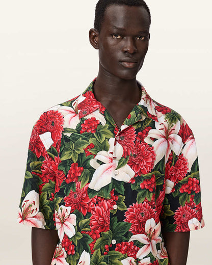 AllSaints Hokkaido Short Sleeve Linen Blend Shirt Red