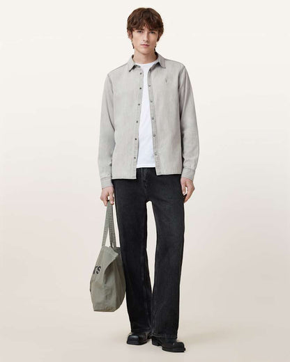 AllSaints Gleason Press Stud Ramskull Denim Shirt Grey