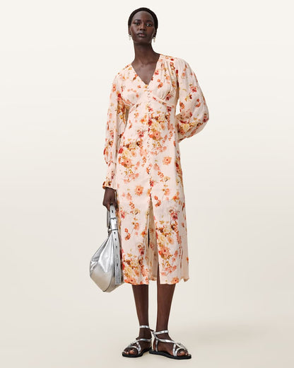 AllSaints Taylen Floral Print Midi Dress Women's Armada White Women's