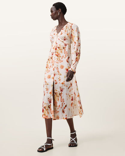 AllSaints Taylen Floral Print Midi Dress Women's Armada White Women's