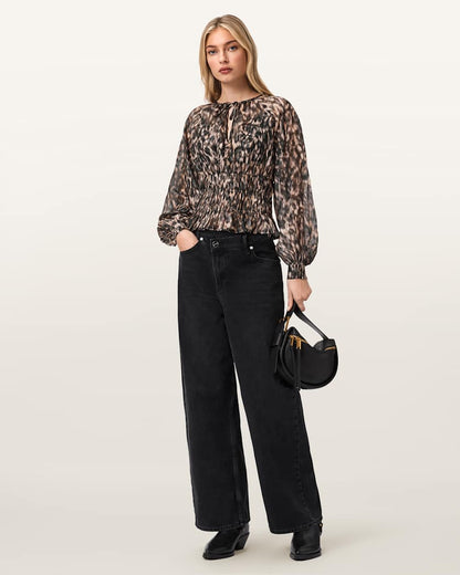 AllSaints Cern Animal Print Shirred Top Women's Prowl Golden Brown Women's