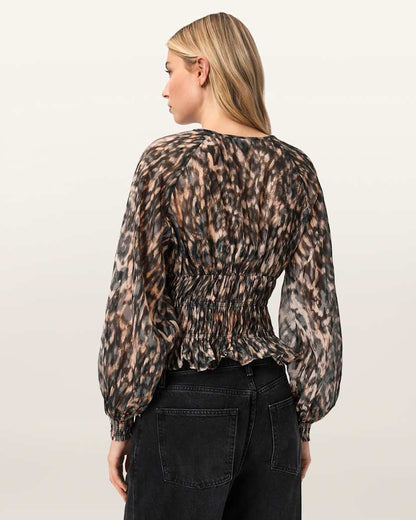 AllSaints Cern Animal Print Shirred Top Women's Prowl Golden Brown Women's