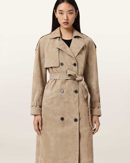 AllSaints Reed Suede Trench Coat Women's Taupe Brown Women's