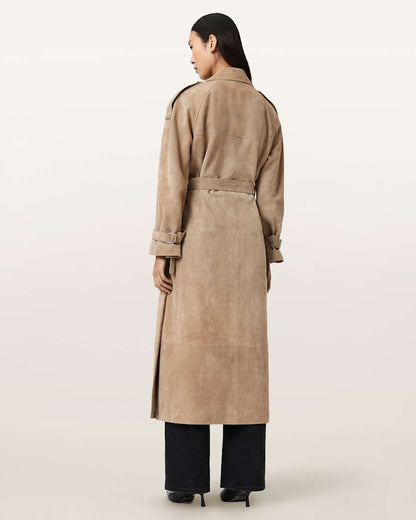 AllSaints Reed Suede Trench Coat Women's Taupe Brown Women's