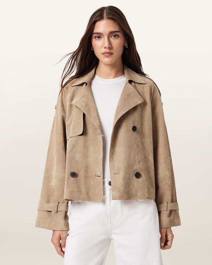 AllSaints Reed Cropped Suede Trench Coat Women's Taupe Brown Women's