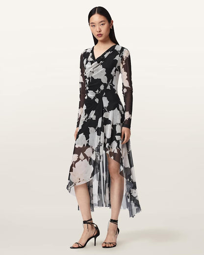 AllSaints Loria Draped Mesh Midi Dress Women's Fleurz Black Women's