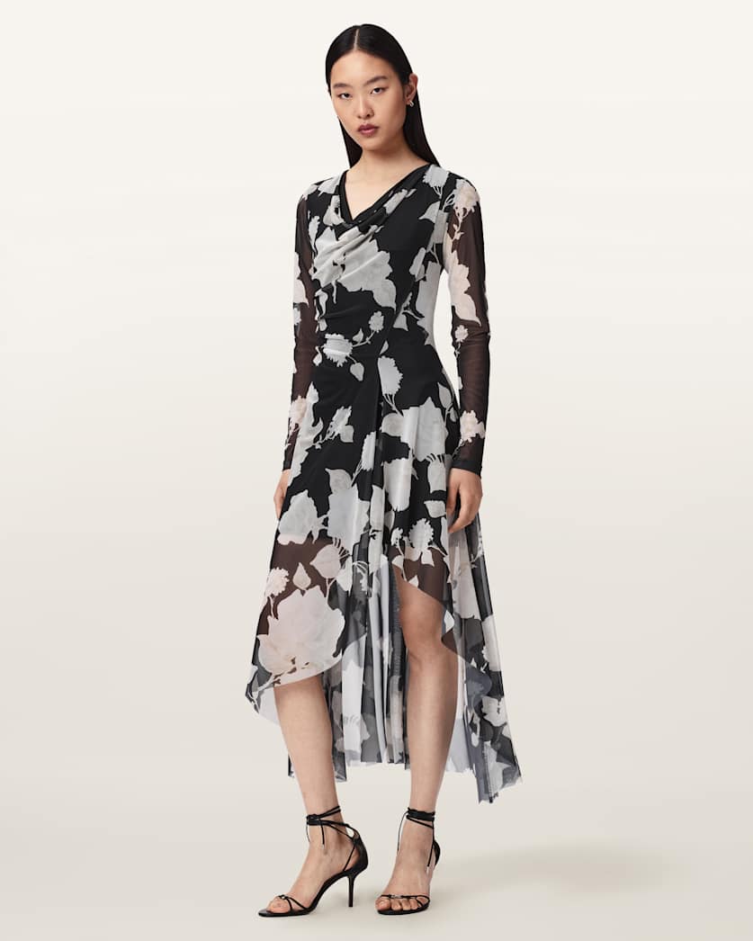 AllSaints Loria Draped Mesh Midi Dress Women's Fleurz Black Women's