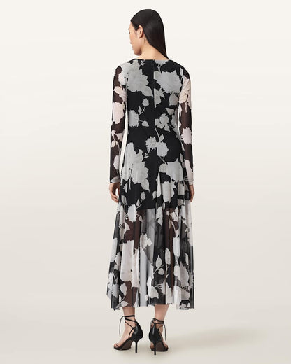 AllSaints Loria Draped Mesh Midi Dress Women's Fleurz Black Women's