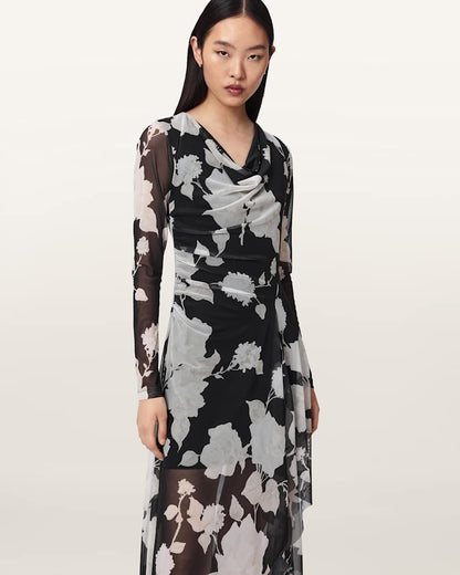 AllSaints Loria Draped Mesh Midi Dress Women's Fleurz Black Women's