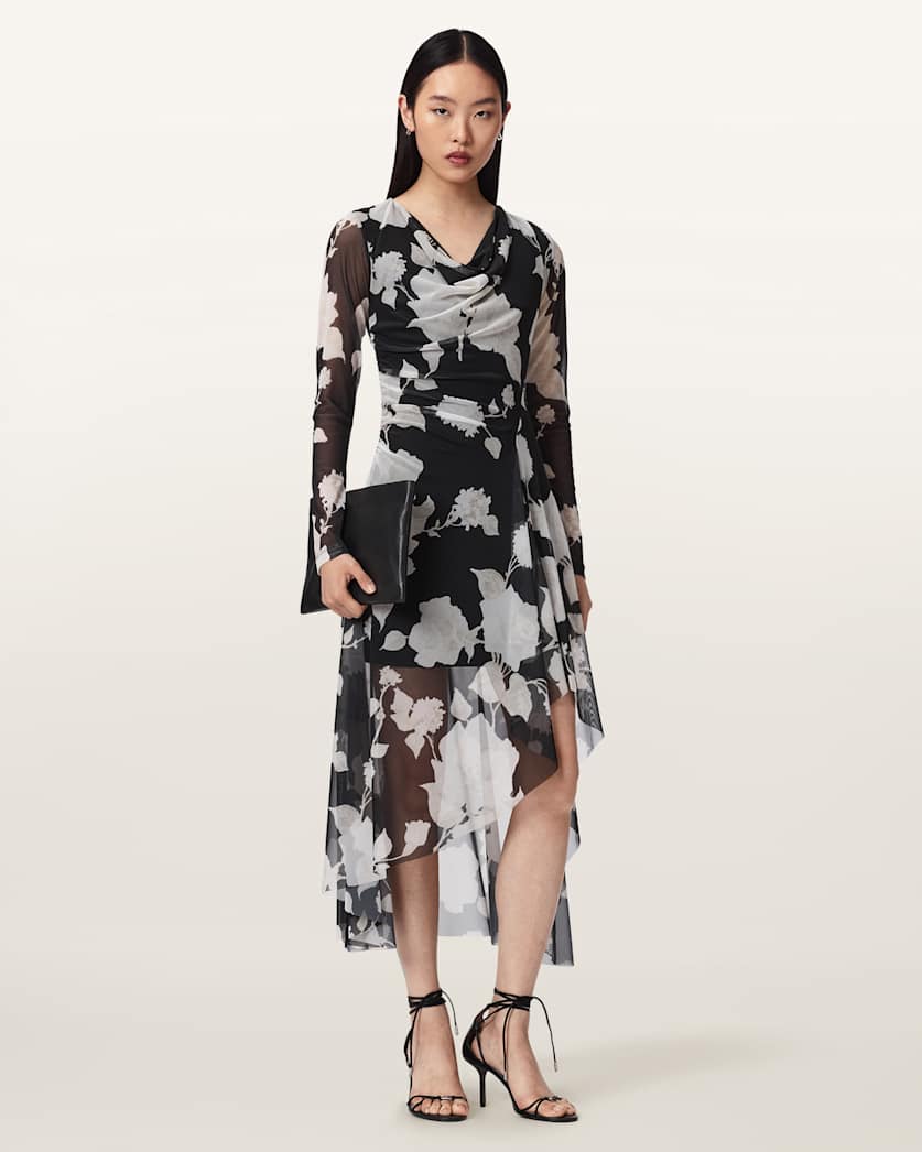 AllSaints Loria Draped Mesh Midi Dress Women's Fleurz Black Women's