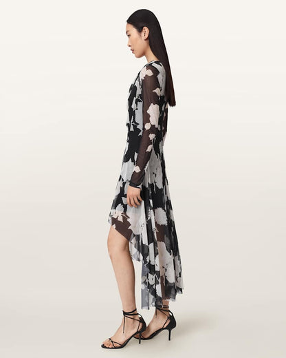 AllSaints Loria Draped Mesh Midi Dress Women's Fleurz Black Women's