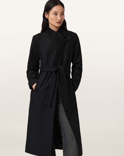 AllSaints Riley Wrap Around Belted Long Line Coat Women's Black Women's