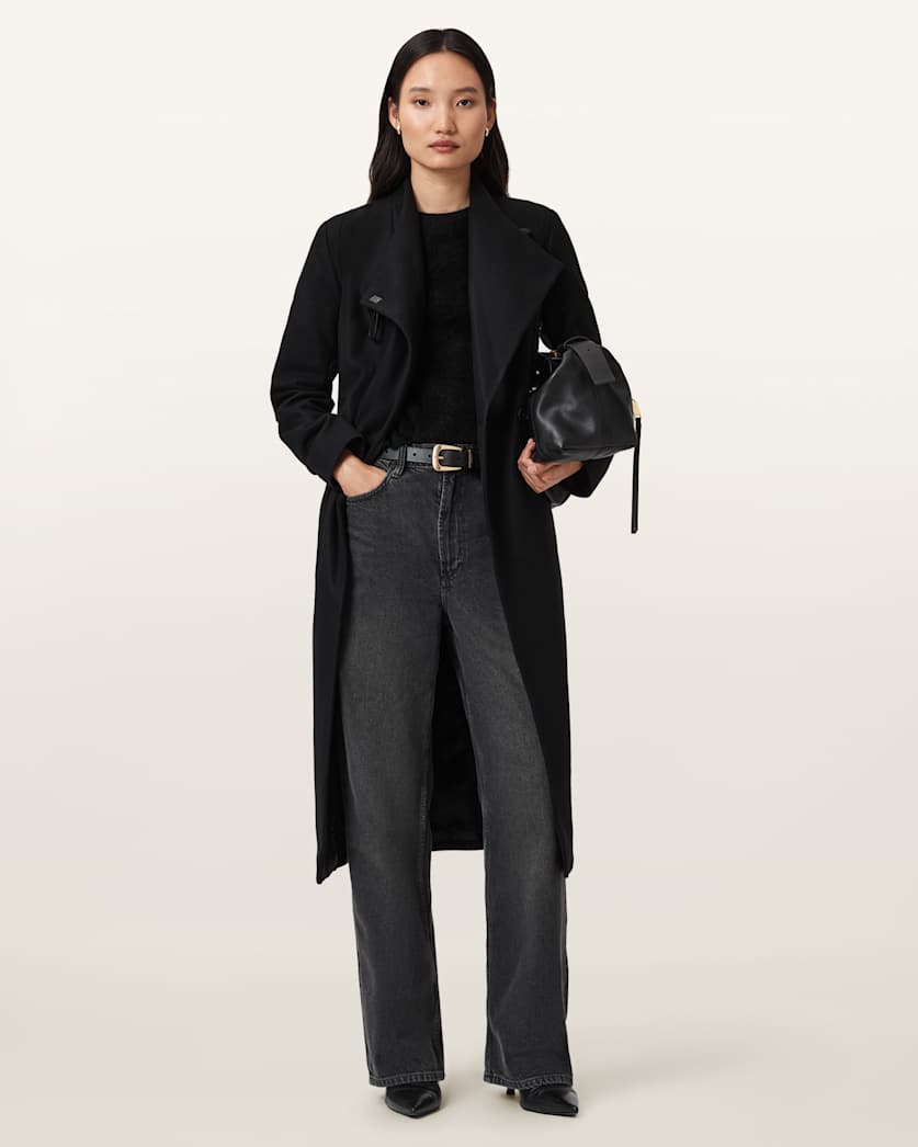 AllSaints Riley Wrap Around Belted Long Line Coat Women's Black Women's