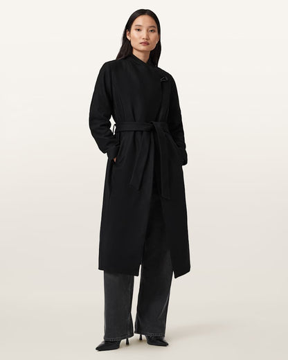 AllSaints Riley Wrap Around Belted Long Line Coat Women's Black Women's