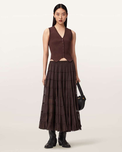 AllSaints Eva Tiered Midi Skirt Women's Paprika Red Women's
