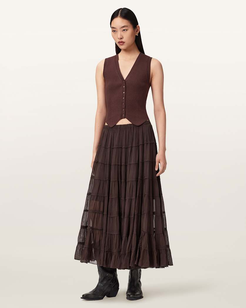 AllSaints Eva Tiered Midi Skirt Women's Paprika Red Women's