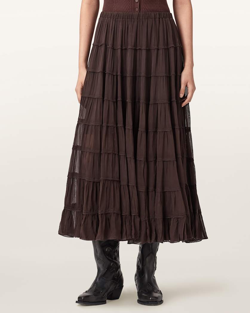 AllSaints Eva Tiered Midi Skirt Women's Paprika Red Women's