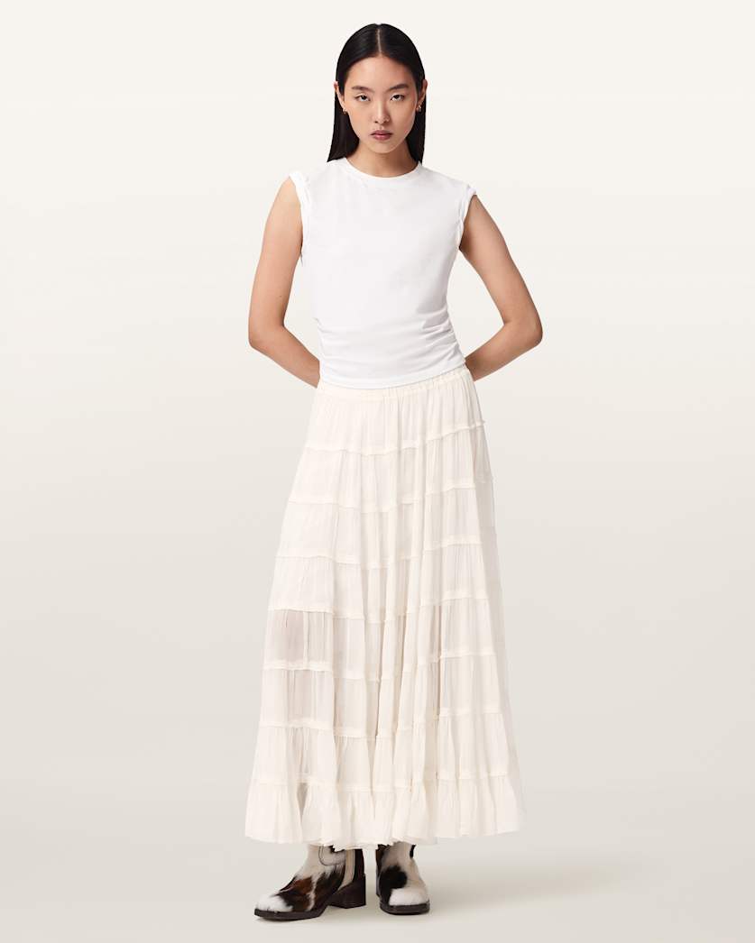AllSaints Eva Tiered Midi Skirt Women's Paprika Red Women's