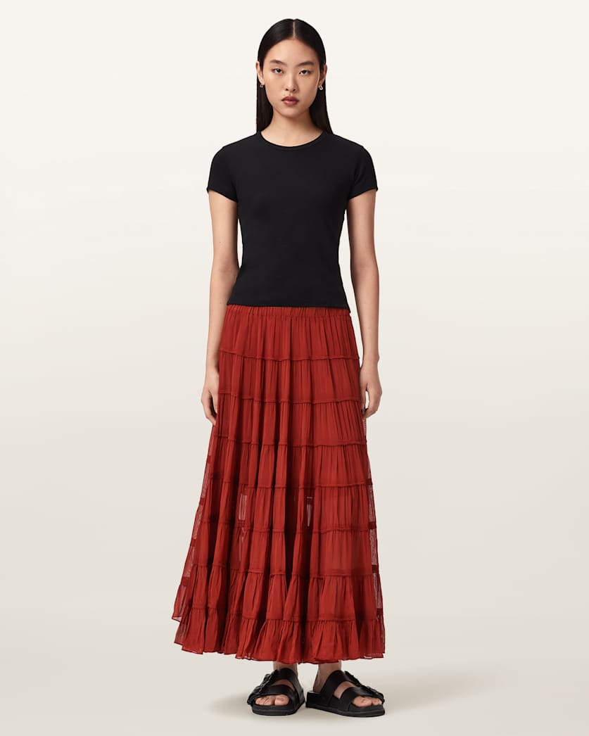 AllSaints Eva Tiered Midi Skirt Women's Paprika Red Women's