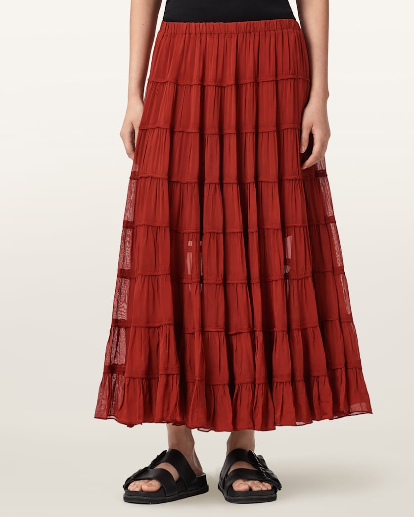 AllSaints Eva Tiered Midi Skirt Women's Paprika Red Women's