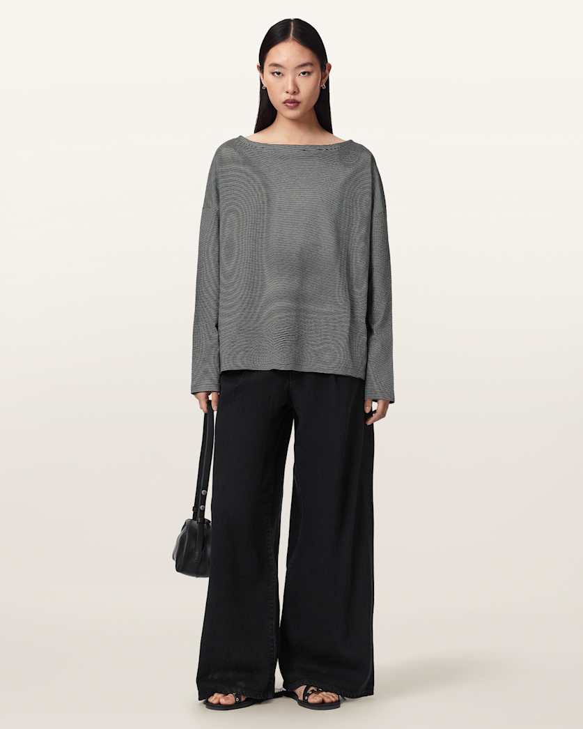 AllSaints Rita Long Sleeve Striped T Shirt Women's Black/White Women's