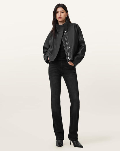 AllSaints Ryder Funnel Neck Leather Jacket Women's Black Women's