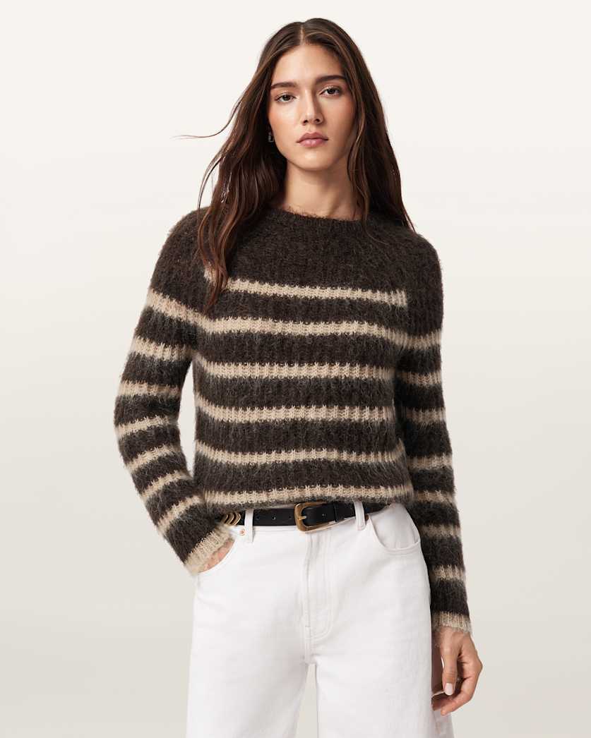 AllSaints Riga Striped Crew Neck Sweater Women's Bttle Brown/Barley Women's