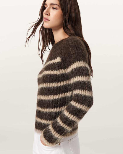 AllSaints Riga Striped Crew Neck Sweater Women's Bttle Brown/Barley Women's