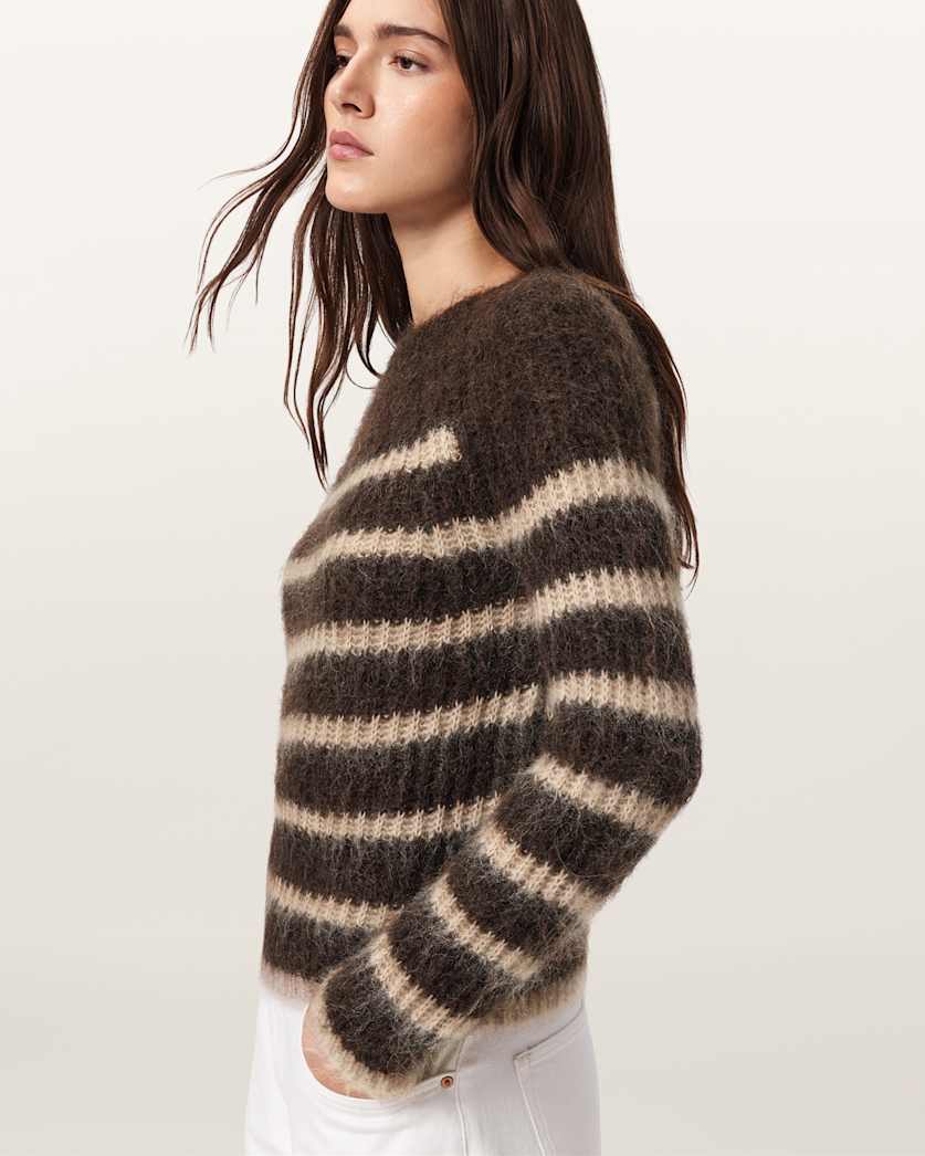 AllSaints Riga Striped Crew Neck Sweater Women's Bttle Brown/Barley Women's