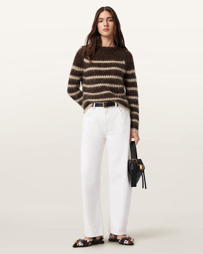 AllSaints Riga Striped Crew Neck Sweater Women's Bttle Brown/Barley Women's