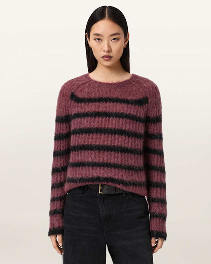 AllSaints Riga Striped Crew Neck Sweater Women's Bttle Brown/Barley Women's