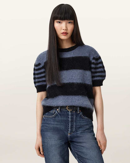 AllSaints Clem Striped Knitted T Shirt Women's Black/Blue Women's