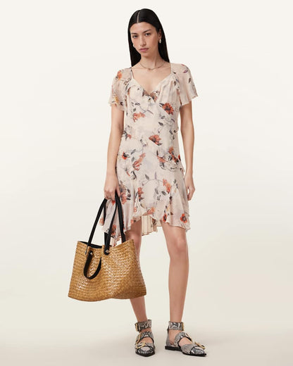 AllSaints Darma Floral Print Mini Dress Women's Utility Ecru White Women's