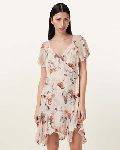 AllSaints Darma Floral Print Mini Dress Women's Utility Ecru White Women's