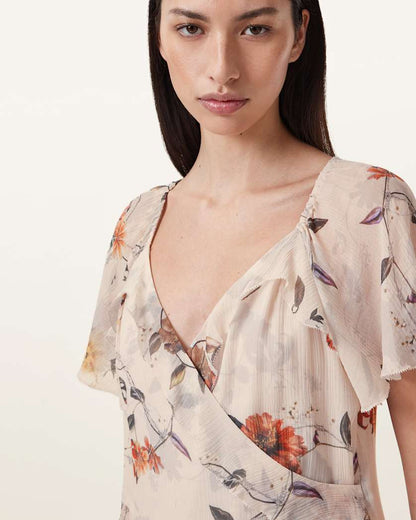 AllSaints Darma Floral Print Mini Dress Women's Utility Ecru White Women's