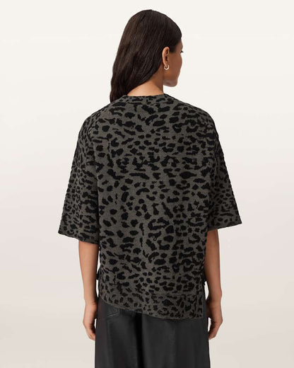 AllSaints Lenny Leopard Print Wool T Shirt Women's Khaki Brown Women's