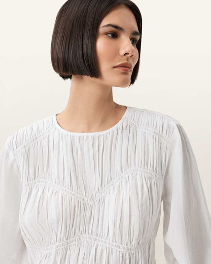 AllSaints Melani Round Neck Gathered Top Women's Antique White Women's