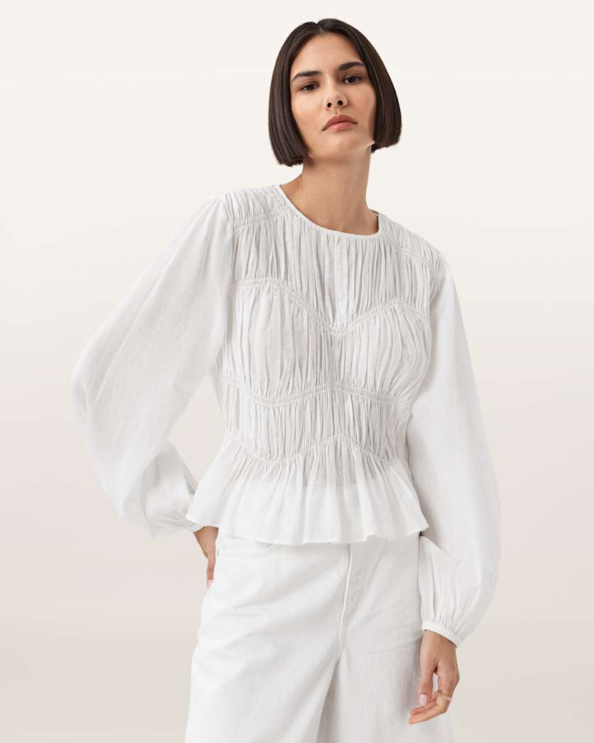 AllSaints Melani Round Neck Gathered Top Women's Antique White Women's