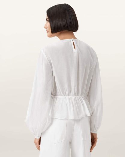 AllSaints Melani Round Neck Gathered Top Women's Antique White Women's