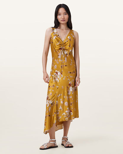 AllSaints Alexia V Neck Drawstring Midi Slip Dress Women's Armada Deep Yellow Women's