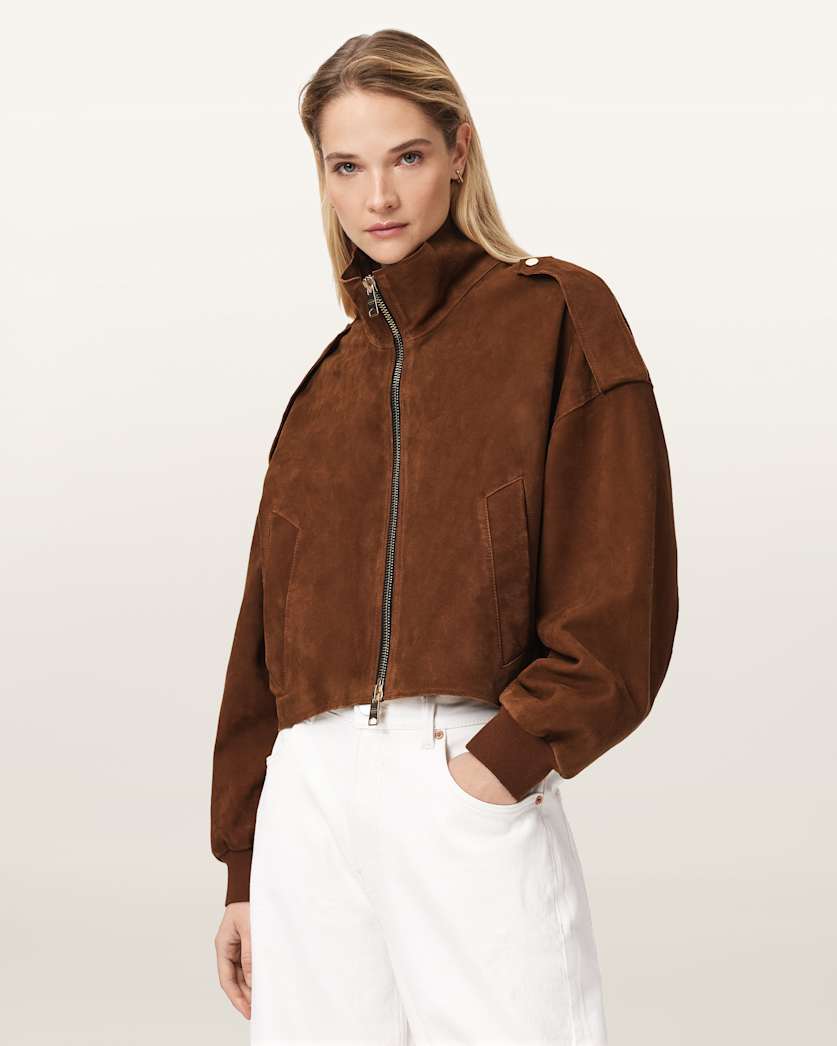 AllSaints Lowden Suede Jacket Women's Cognac Brown Women's