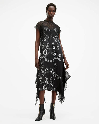 AllSaints Gian Lace Trim Asymmetric Maxi Dress Women's Monica Black Women's