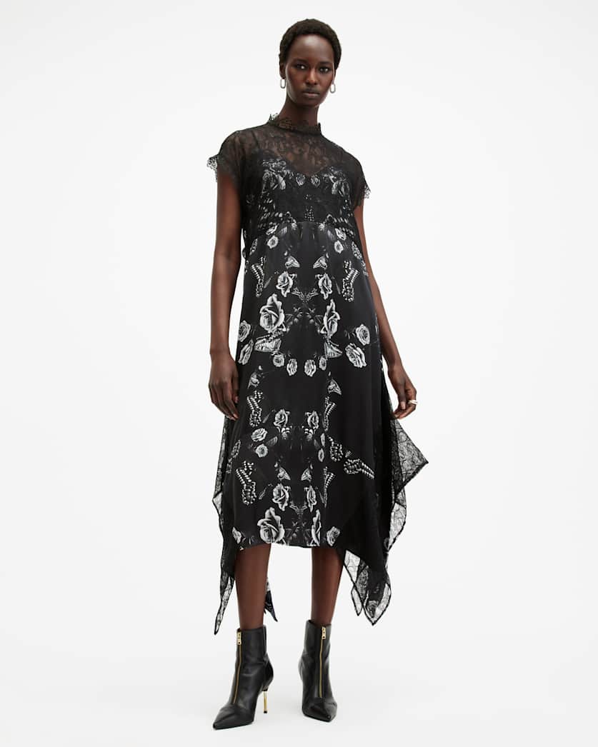 AllSaints Gian Lace Trim Asymmetric Maxi Dress Women's Monica Black Women's