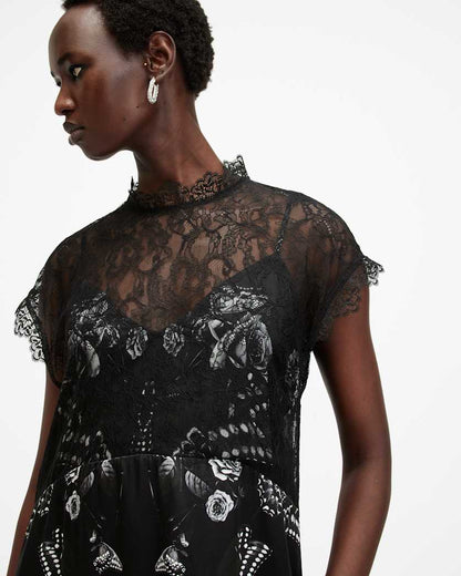 AllSaints Gian Lace Trim Asymmetric Maxi Dress Women's Monica Black Women's