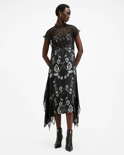 AllSaints Gian Lace Trim Asymmetric Maxi Dress Women's Monica Black Women's