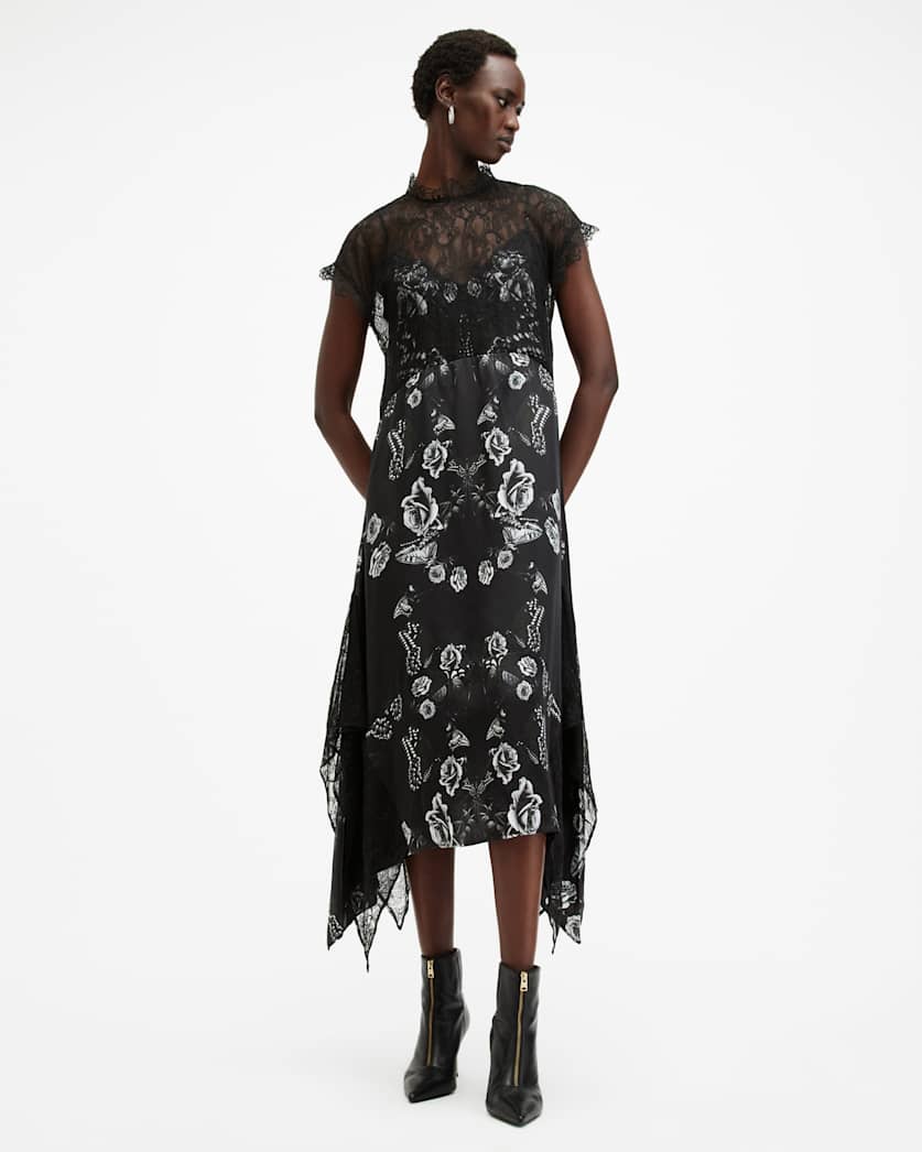 AllSaints Gian Lace Trim Asymmetric Maxi Dress Women's Monica Black Women's