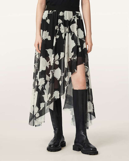 AllSaints Loria Raw Edge Maxi Skirt Women's Fleurz Black Women's