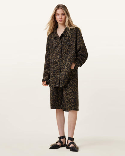 AllSaints Willow Leopard Print Denim Jacket Women's Leppo Brown Women's