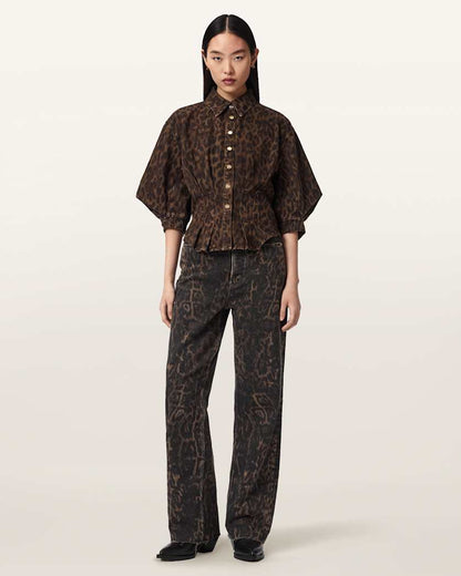 AllSaints Nancy Leopard Print Denim Shirt Women's Leppo Brown Women's